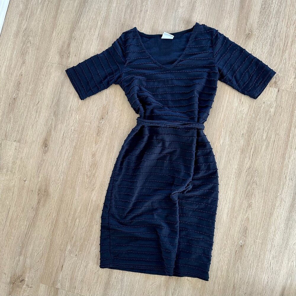 Mamalicious Short-Sleeved Blue Ribbed Maternity Dress with Tie Waist, Size S